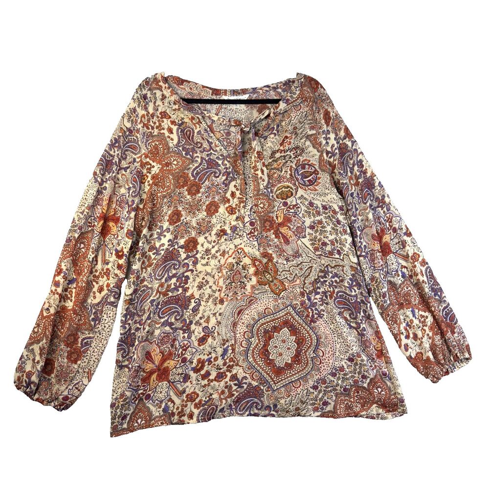 TravelSmith Top Womens Extra Large Brown Paisley Lightweight Shirt Long Sleeve